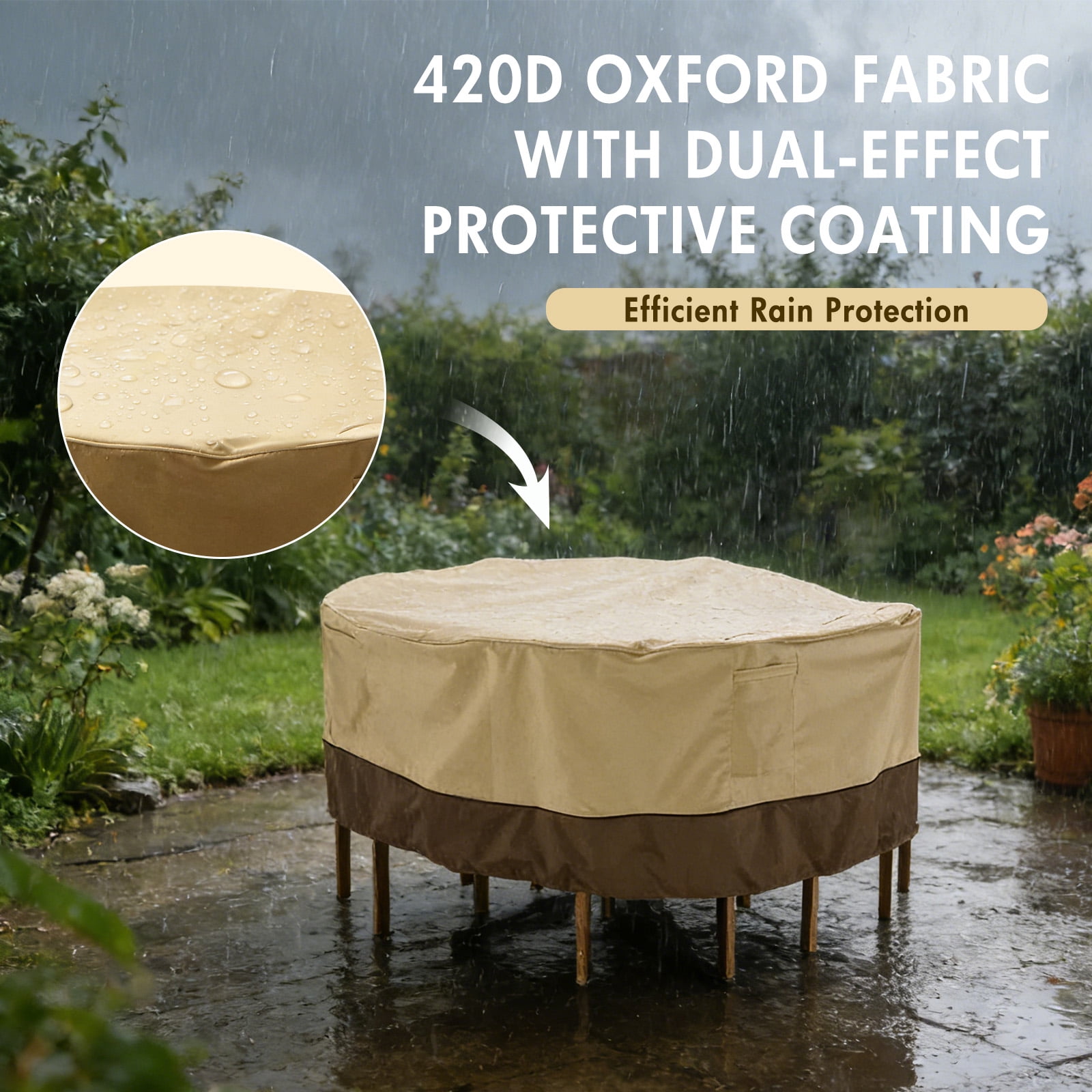 Round Patio Furniture Covers, 84" Dia Outdoor Furniture Covers, Waterproof Outdoor Table Cover, Fire Pit Cover, 420D Cover for Outdoor Furniture Set, Beige&Brown