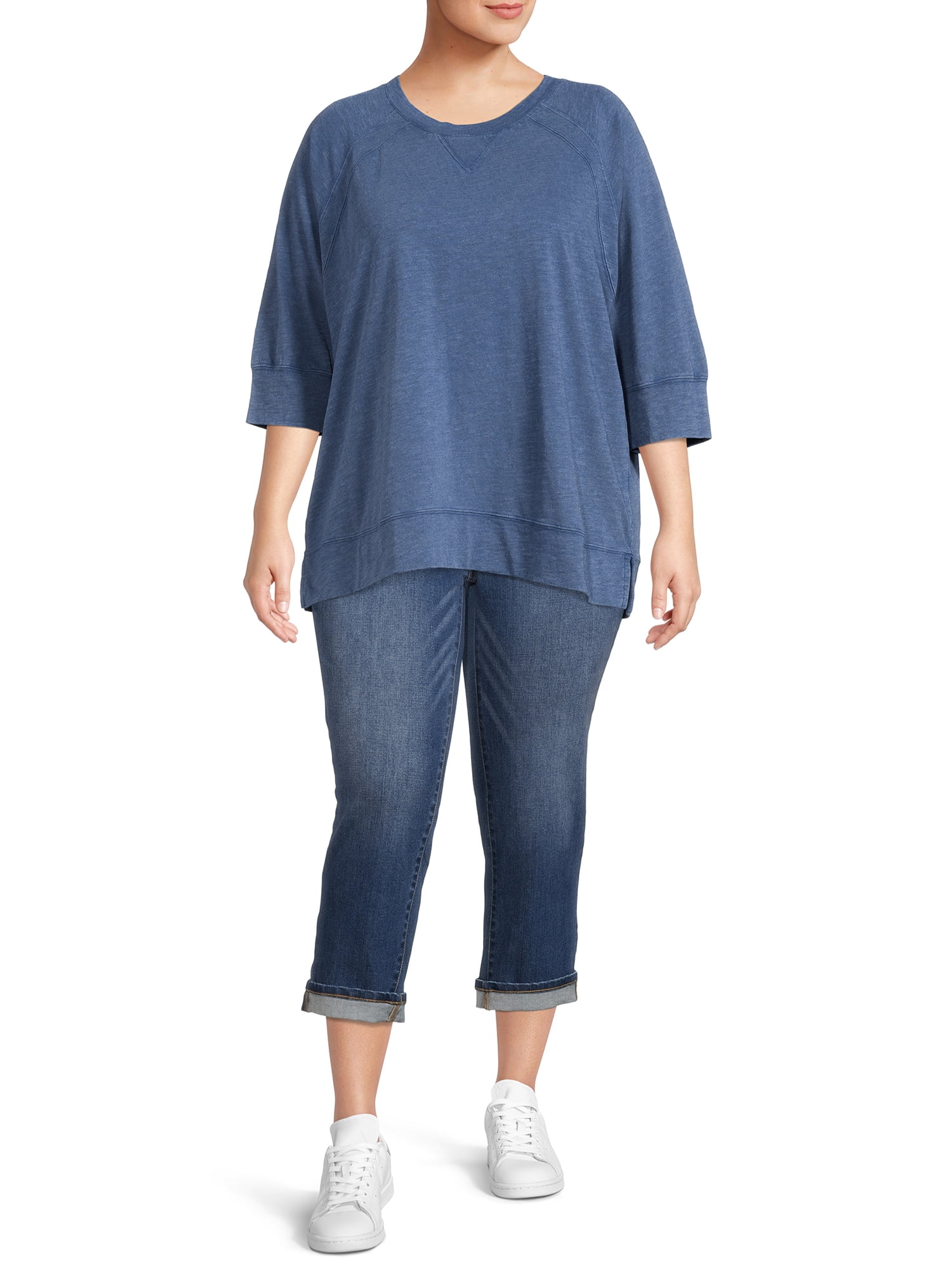 Terra & Sky Women's Plus Size Acid Wash Double Raglan T-Shirt