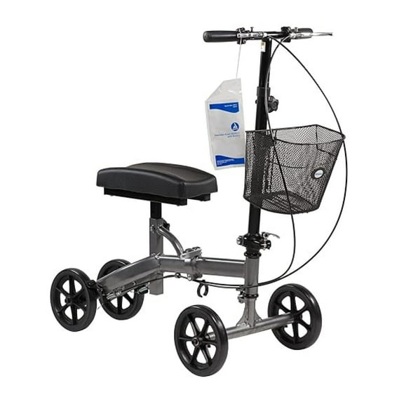 Steerable Knee with Basket–Compact, Knee Scooter with Black Padded Rest for the Right or Left Leg, 300 Pound Weight Capacity, Silver, 1- Steerable Knee with Basket-Compact
