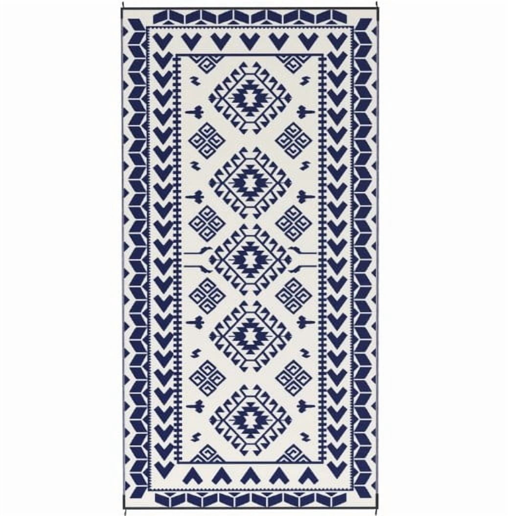 9' x 18' Blue & White Rhombus Patchwork Reversible Outdoor Patio Rug, Waterproof Portable Camping Mat with Carry Bag, Foldable RV Carpet