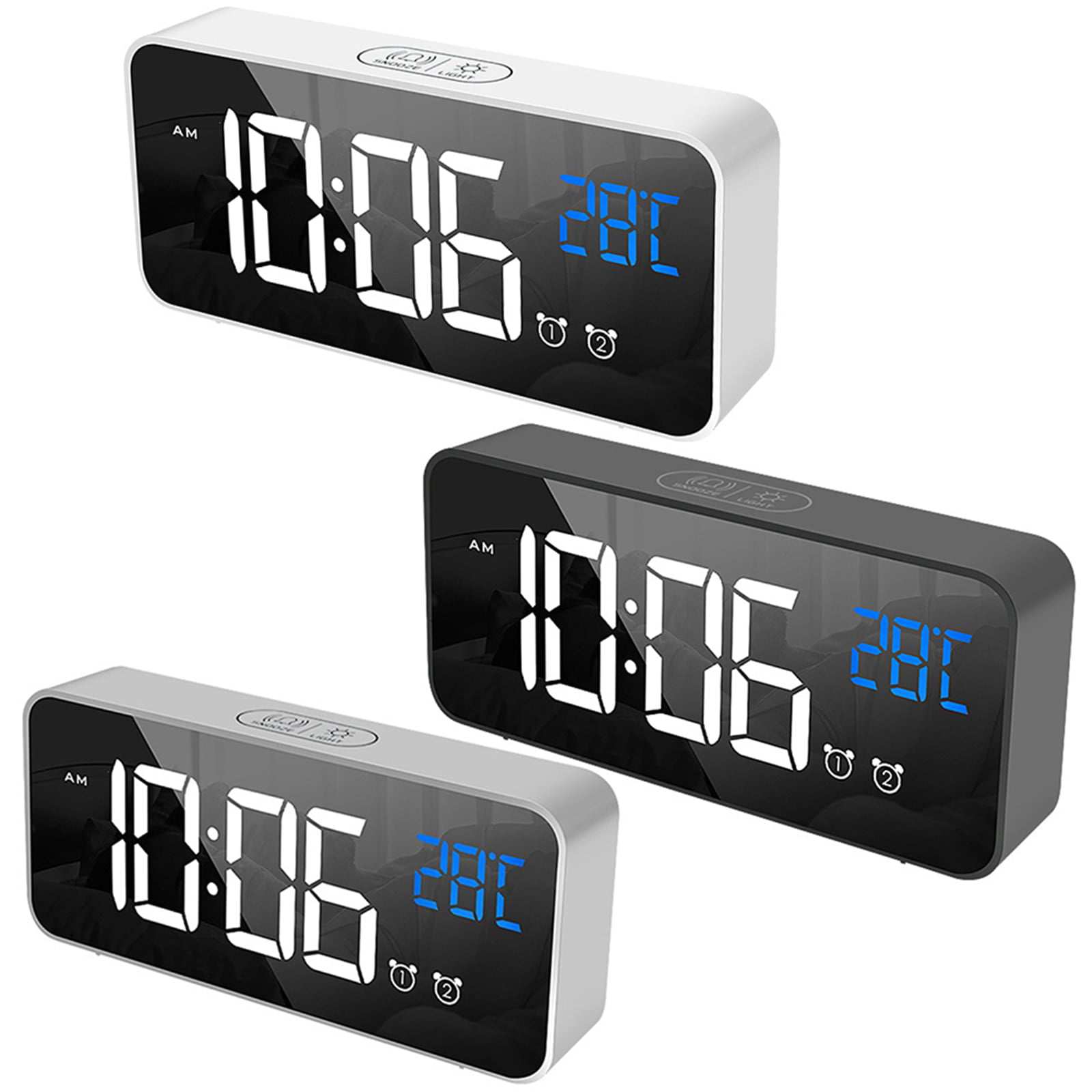 LED Digital Mirror Alarm Clock Night Lights Wall Clock With Date Thermometer USB