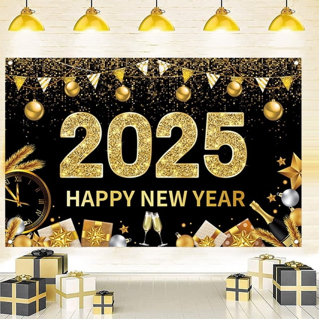 Banner grande negro de Feliz Año Nuevo -180*115 cm, tela duradera sin bolsillo, alta calidad, color vibrante y suave