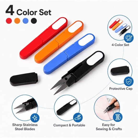 4 Pack Embroidery Sewing Snips, Thread Cutter Scissors with Protective Covers for Sewing, Quilting and Crafts, TIKA