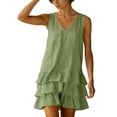 thumbnail image 6 of Women's Summer Cotton Linen Blend Solid Color Dress Sleeveless V-Neck Tiered Ruffle Hem Casual Mini Dress Army Green XXL(XXL), 6 of 7