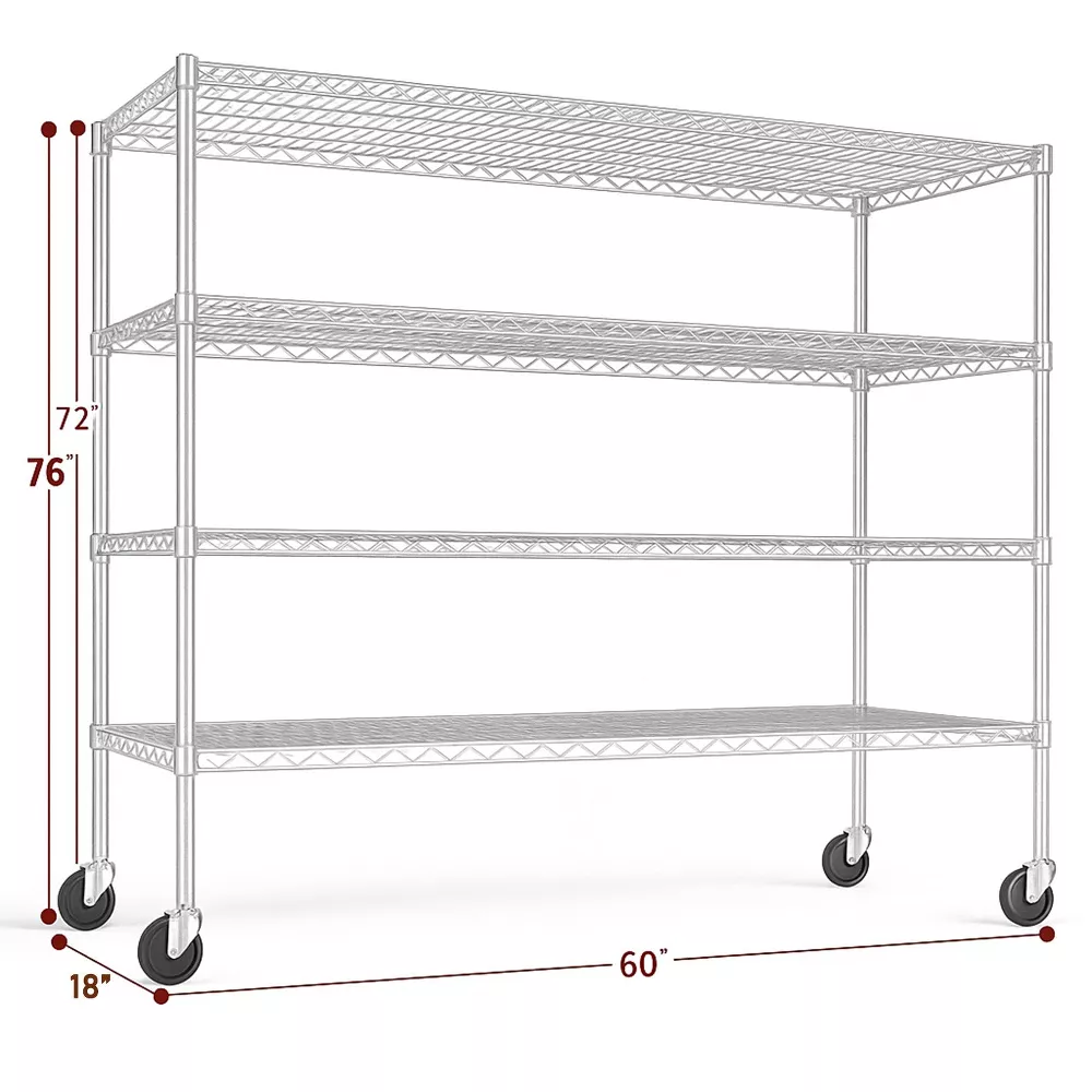 Sailvan 4-Tier Heavy Duty Metal Storage Rack with Wheels, 2400LBS Adjustable Wire Shelving Unit for Garage, Pantry, Kitchen, 18"D x 60"W x 72"H,Black