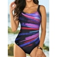 thumbnail image 7 of Eytino Womens One Piece Swimsuits Color Block Print Swimsuits Criss-Cross Back V Neck Bathing Suits Athletic Padded Athletic Training Swimwear Purple L Female, 7 of 7