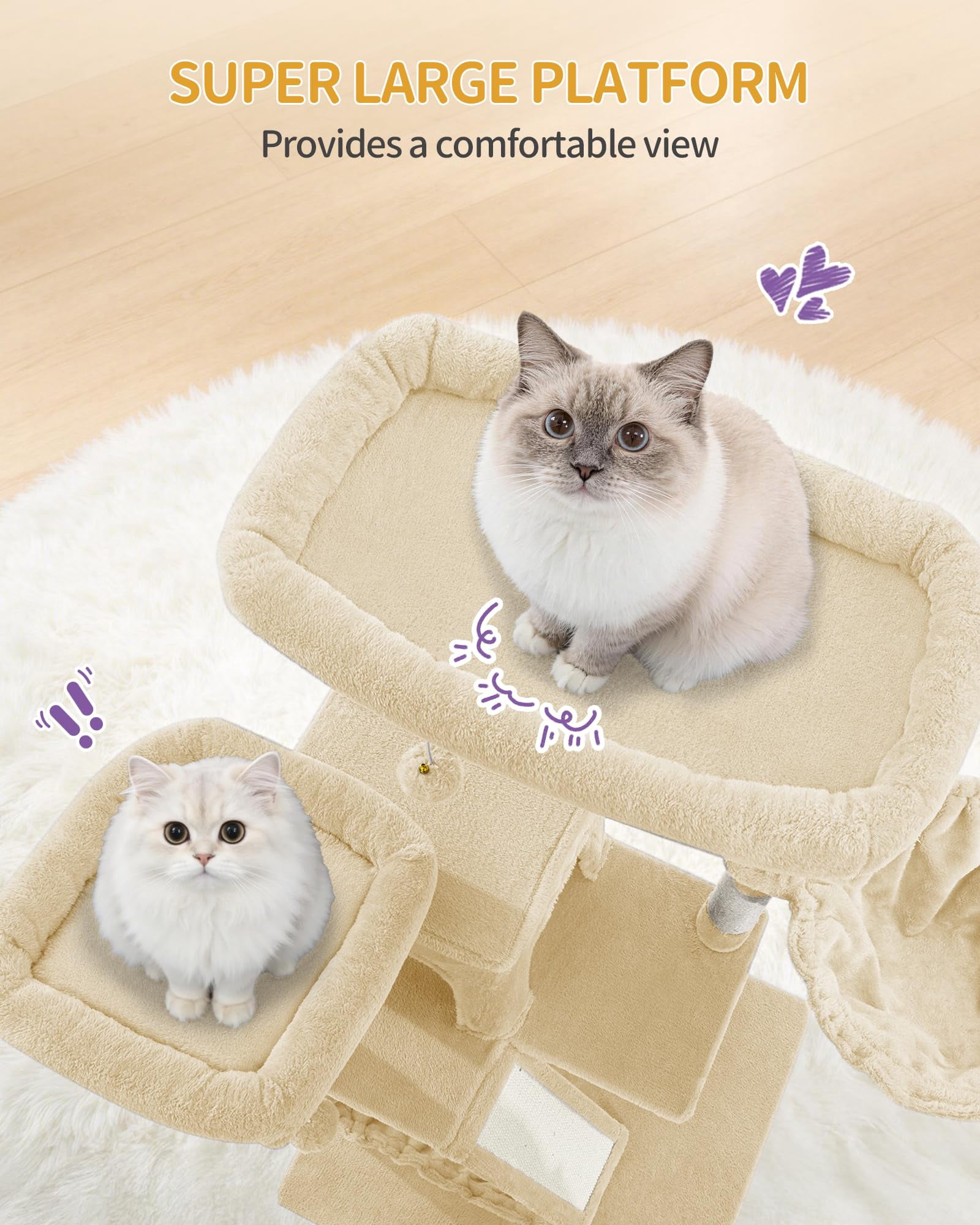 Cat Tree, 72 Inch Tall Beige Indoor Tower for Multiple Cats with Climbing, Condo, Scratching Posts