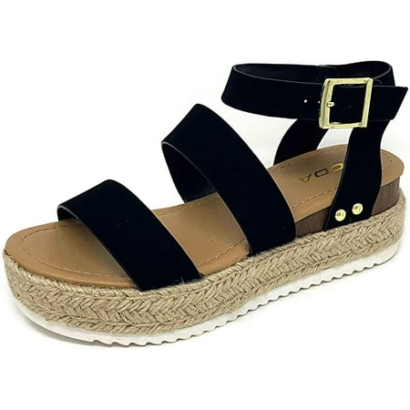 

Soda Top Shoe Bryce Open Toe Buckle Ankle Strap Espadrilles Flatform Wedge Casual Sandal