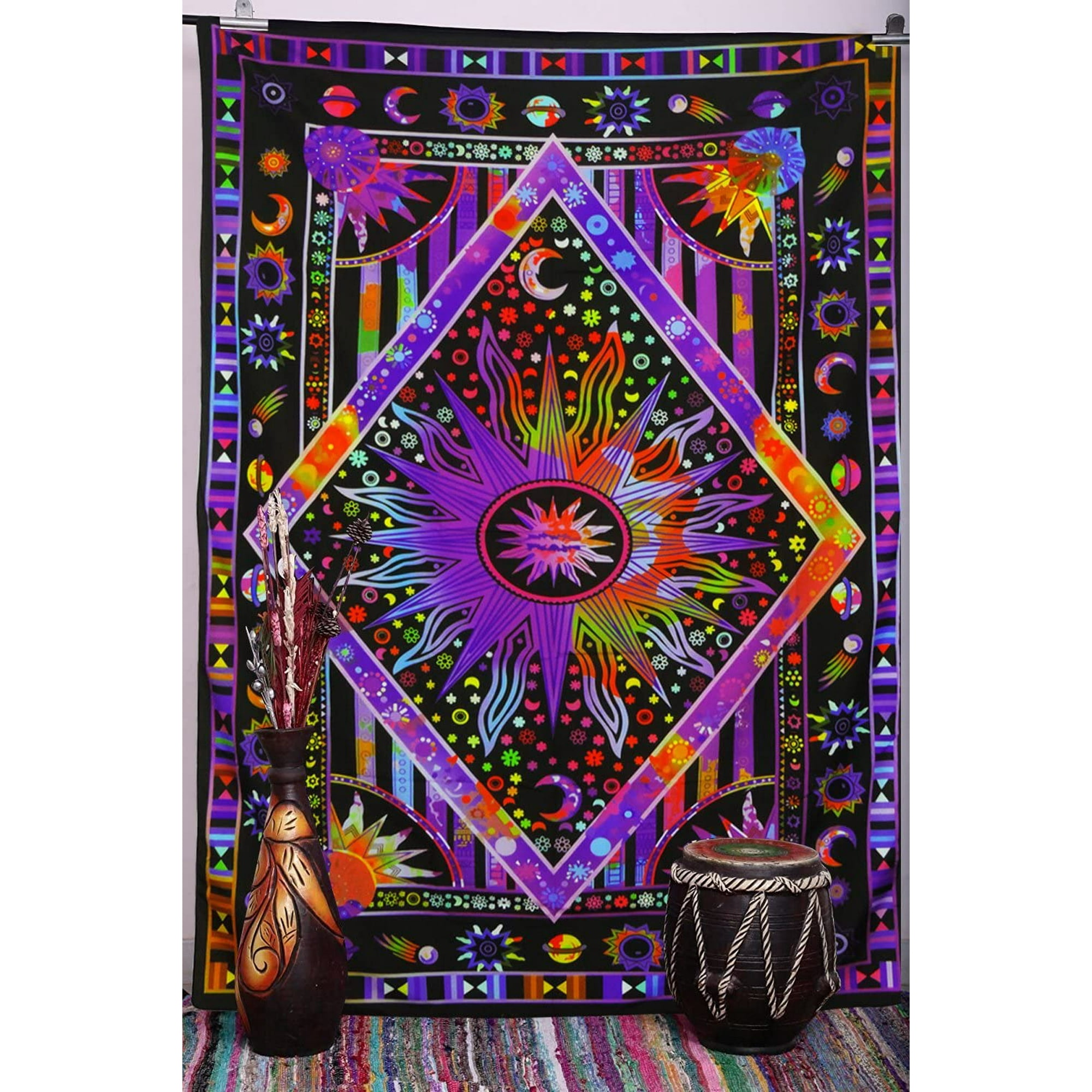 Bamaia Tie Dye Purple Burning Sun Tapestry Psychedelic Celestial Sun Moon Planet Bohemian Tapestry Wall Hanging Mandala Boho Hippie Tapestry Other