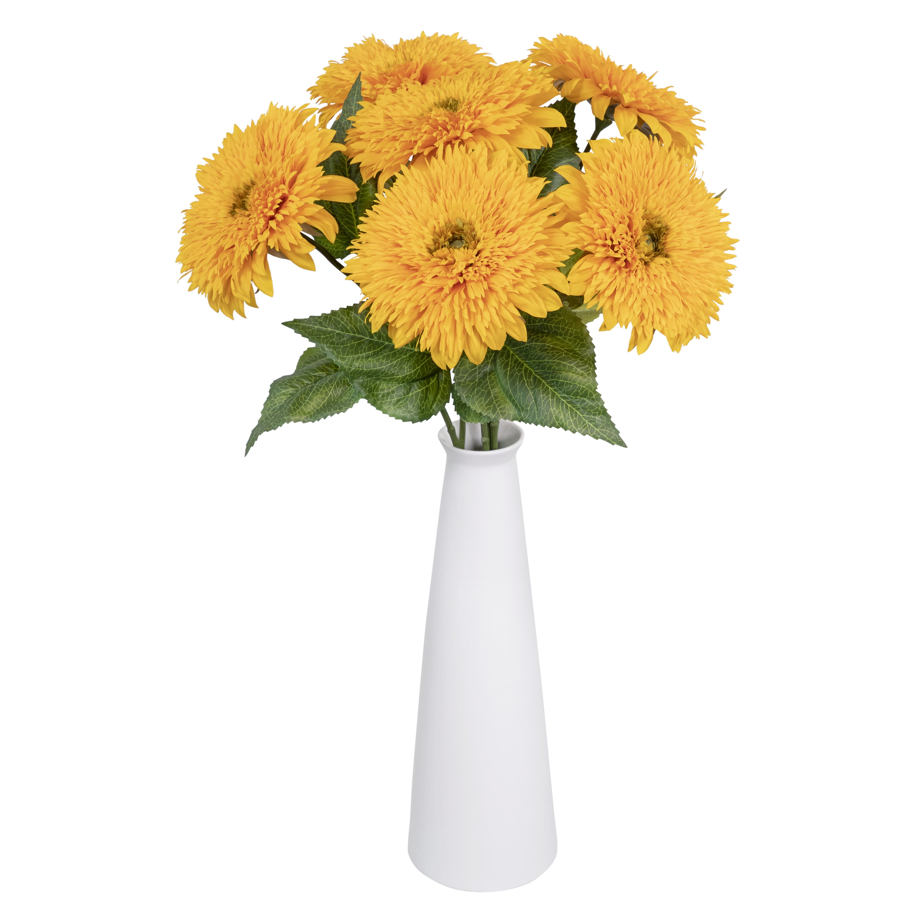 (6 pack) 27-inch Artificial Silk Yellow Single Teddy Bear Sunflower Long Stem, for Indoor Use, by Mainstays