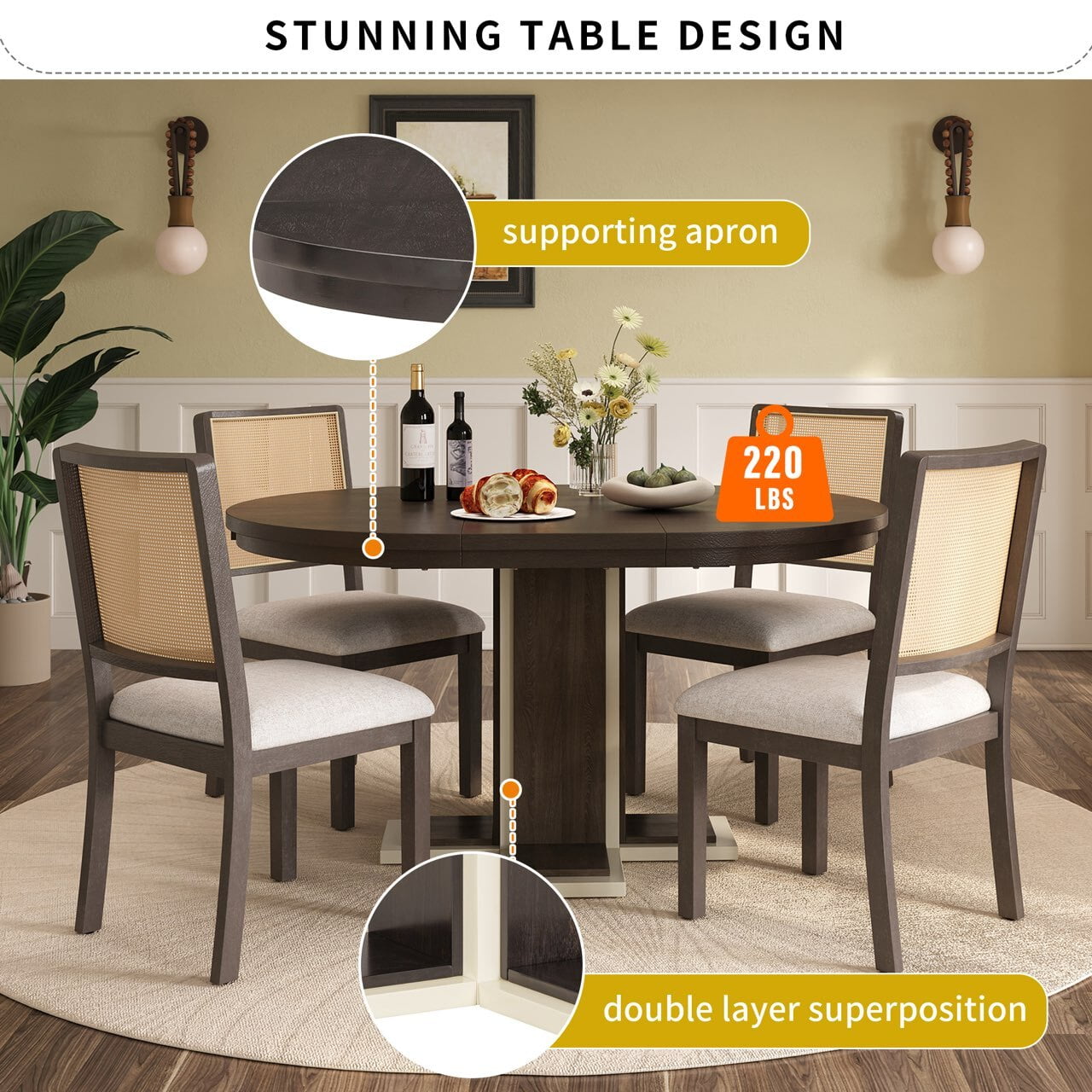 Euroco 5 Piece Round Dining Table Set for 4,Extendable Kitchen Table Set with 4 Upholstered Chairs and Double Layer Design,58" Oval Dining Table Set for Kitchen Room, Espresso