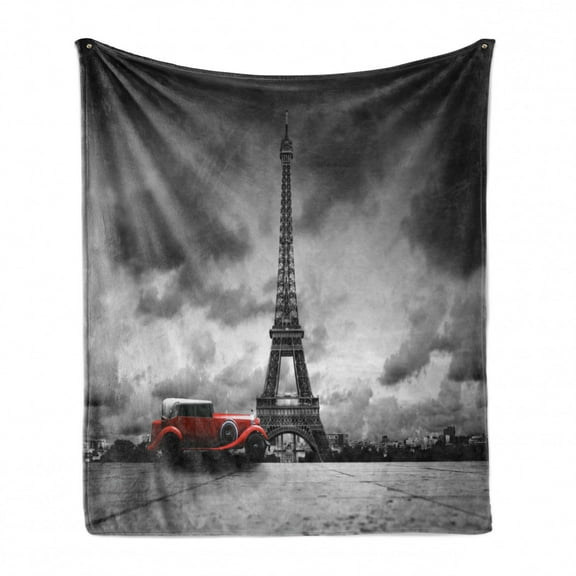 Eiffel Tower Soft Flannel Fleece Throw Blanket, Image of Eiffel Tower Paris France Vintage Car Street Dark Clouds, Cozy Plush for Indoor and Outdoor Use, 50" x 70", Grey Black Red, by Ambesonne