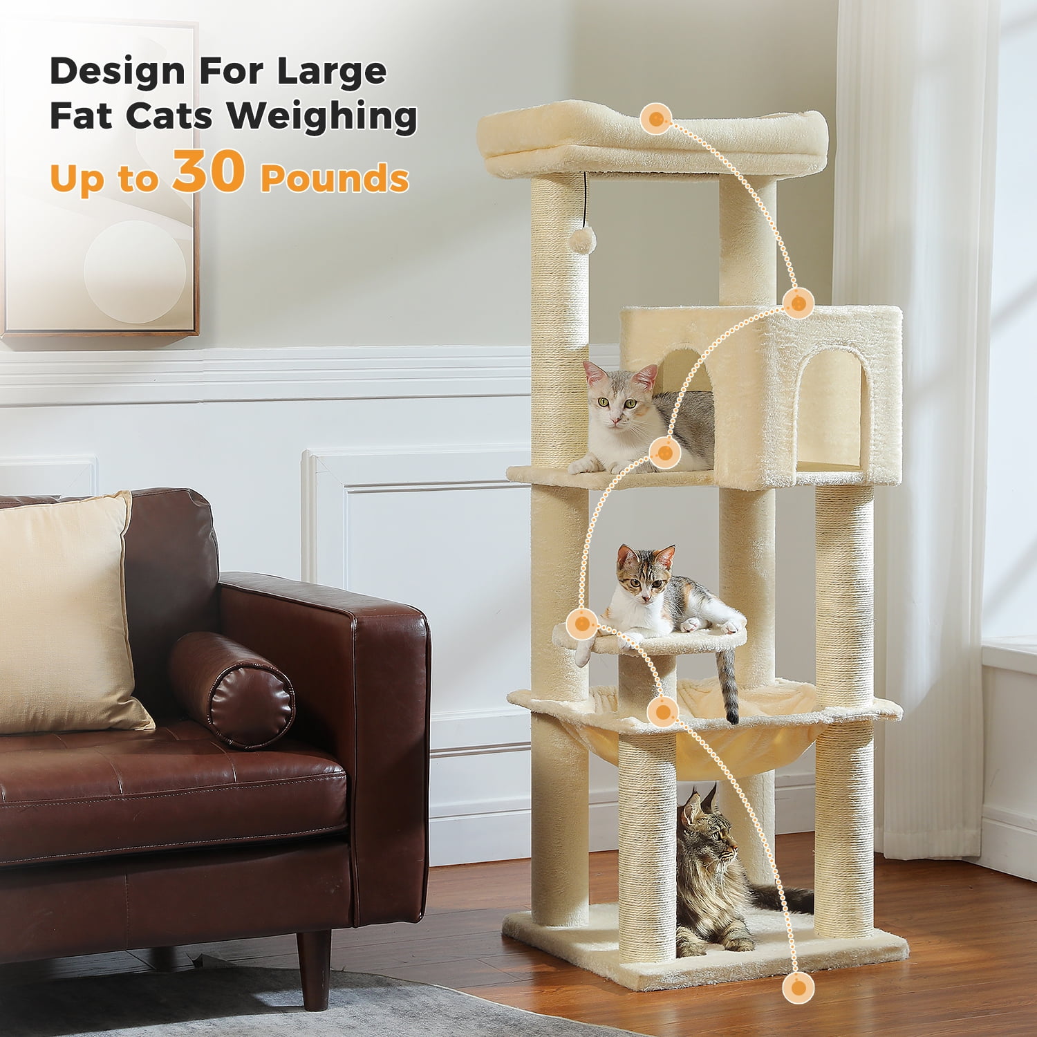 Pefilos 57" Cat Tree Tower for Indoor Cats, 5-Level Cat Condo with Large Hammock, Big Top Perch and 4 Sisal Covered Scratching Pos, Beige