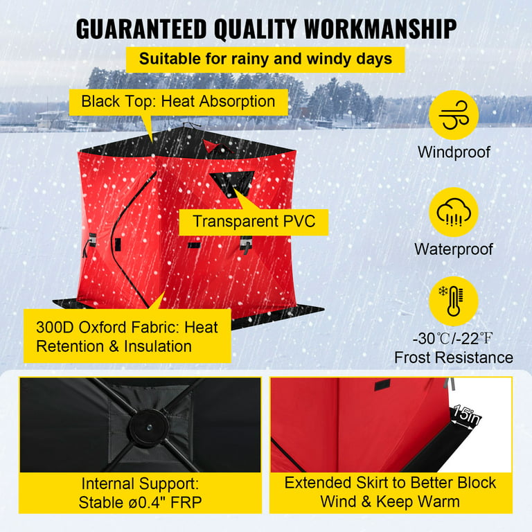 VEVOR Ice Fishing Tent Waterproof Pop-up 2-Person Carrying Bag Ice Shelter Fishing  Tent with Detachable Ventilation Windows 300D Oxford Fabric Zippered Door  Shanty for Outdoor Fishing,Red 