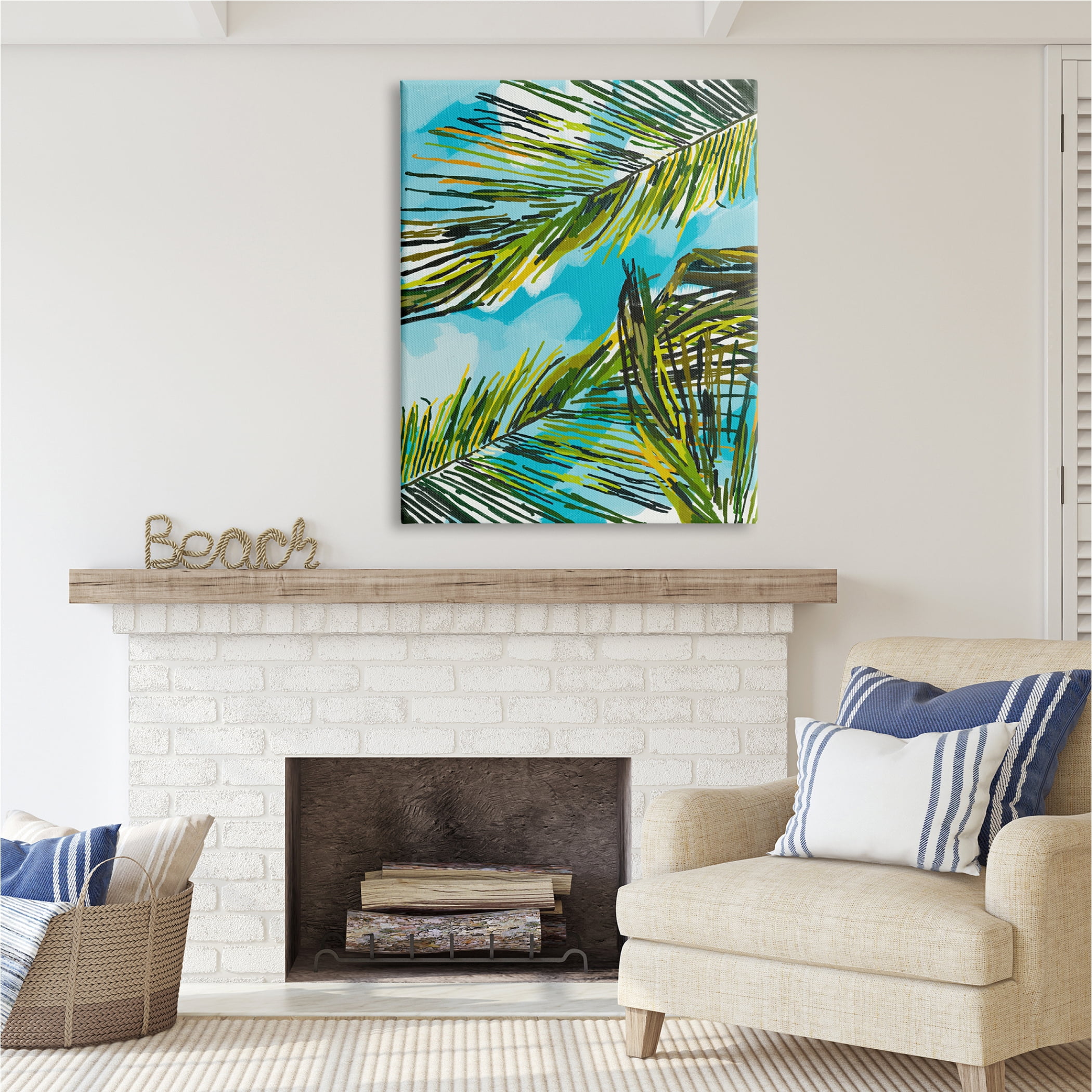 Stupell Industries Palm Leaves Blue Sky Botanical & Floral Painting Gallery Wrapped Canvas Print Wall Art, 36 x 48