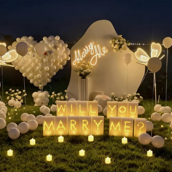 Will You Marry Me Marriage Proposal Decorations Luminary Bags Light Up Letters Sign Decor 2000 Rose Petals and Candles Set Romantic, Valentines Decor, Engagement Party Banner