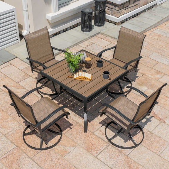 Nuu Garden 5-Piece Outdoor Dining Table Set, 4 Textilene Swivel Chairs & 37" Square Table with Umbrella Hole and Faux Wood Tabletop, All-Weather Patio Outdoor Furniture, Black and Brown