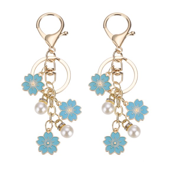 Uxcell Flower Keychain Charm, Cherry Blossom Enamel Charm Cute Floral Keyring Pendant with Lobster Clasp for Women, Blue 2 Pcs