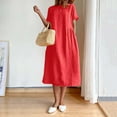 thumbnail image 2 of CHUANK Robe en Coton et Lin à Manches Courtes pour Femme Grande Taille avec Poches, T-Shirts à Col Rond, Couleur Unie, Coupe Ample, Robe d'Été M-3TG (3X-Grand Blanc), 2 of 5