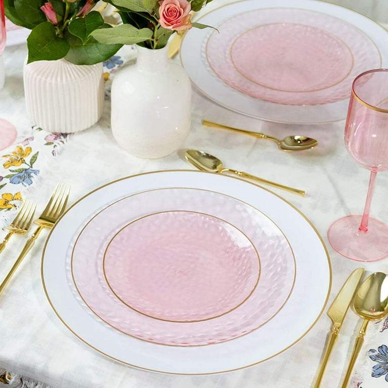 EcoQuality 7 inch Round Hammered Translucent Pink Plastic Plates with Gold  Rim - China Like Party Plates, Heavy Duty Large Disposable Dinner Charger