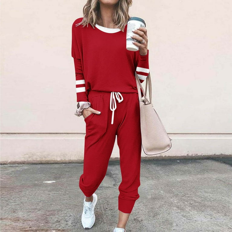 Stamzod Fall Sweatsuits Women Piece Outfit Stripe Crewneck Long