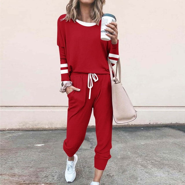 AXXD Ensembles de Jogging pour Femmes, Ensembles de Survêtement Assortis pour Femmes, Polyester, Col Rond, Manches Longues, Rouge, Chandails pour Femmes en Liquidation à Moins de 10$, L (US:8)