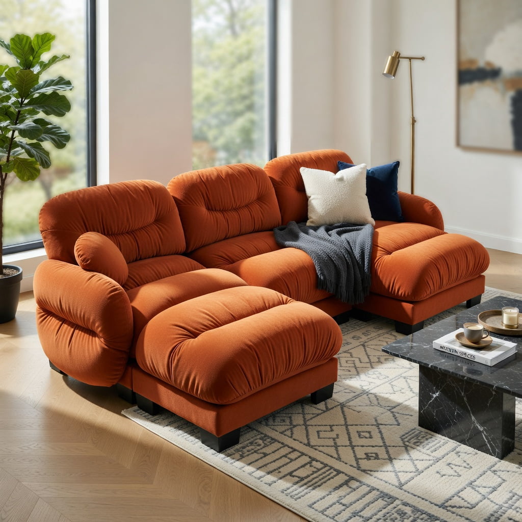 Hommoo Chenille U-Shaped Modular Sectional Sofa with Ergonomic Foam, Pleated Back Design, 3-Seater + 2 Ottomans & Round Throw Pillows, Orange