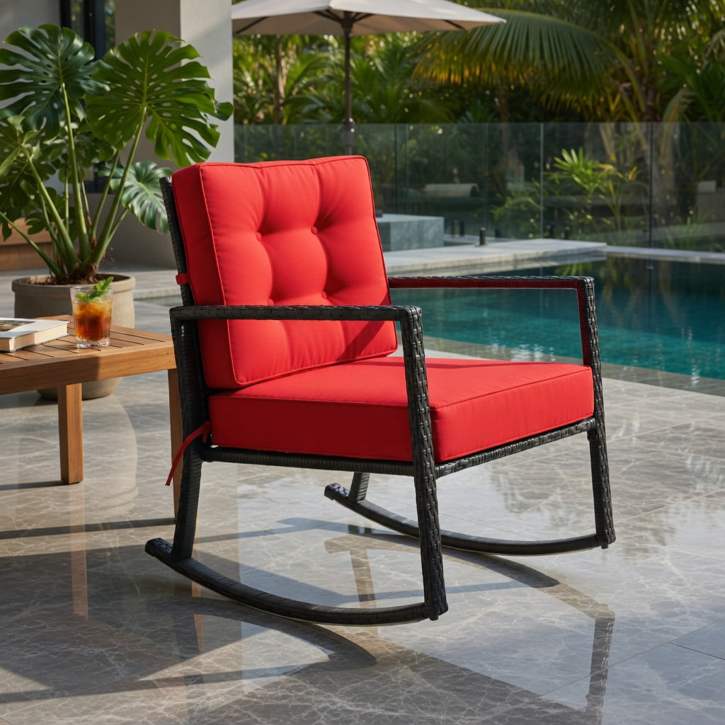 Hommoo Outdoor Rattan Rocking Chair with Thick Cushions, PE Wicker Glider for Patio, Backyard & Deck, Rustic Style, Weather-Resistant, Red