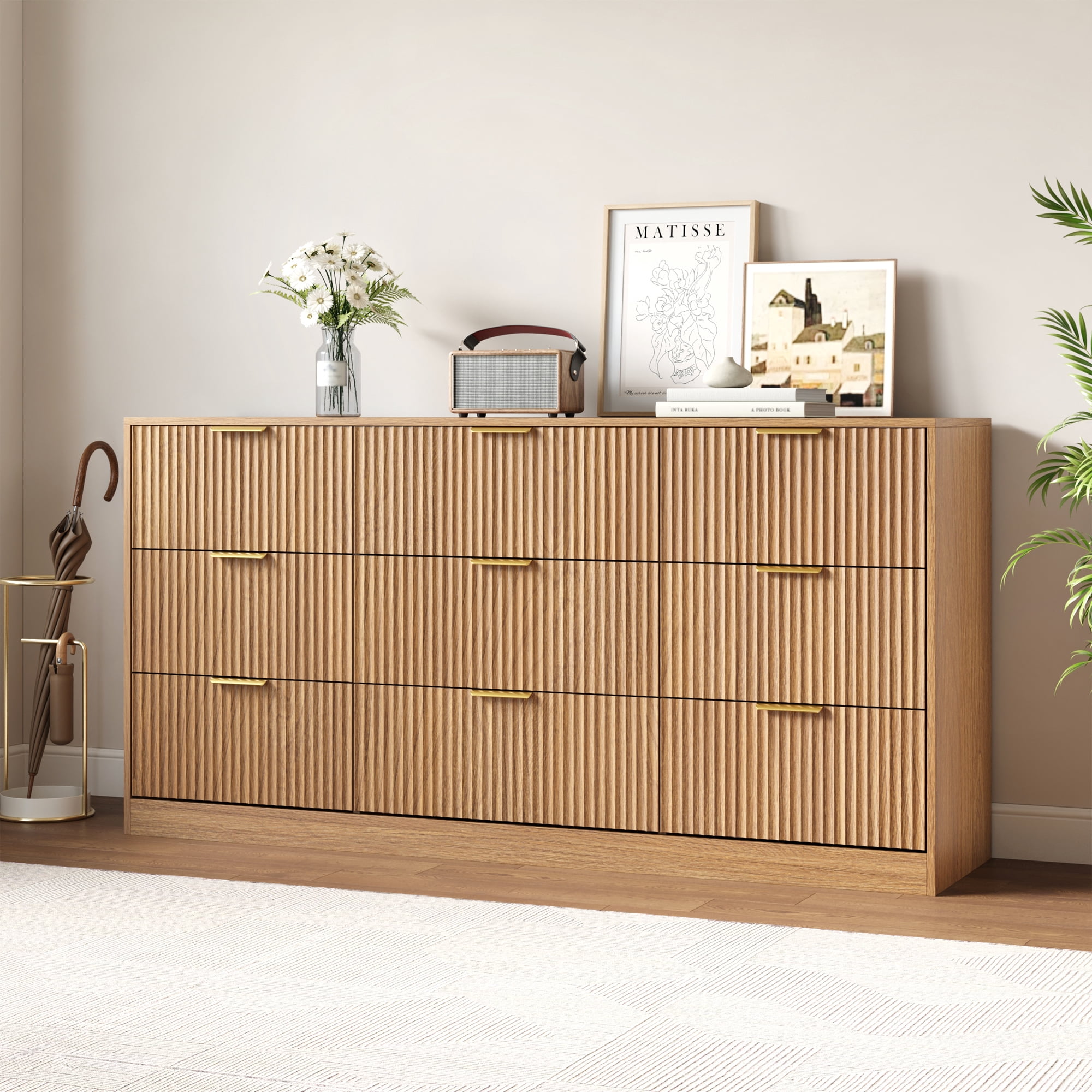 YouTrend Burlywood 9 Drawer Dresser for Bedroom,Modern Adult Fluted Wood Chest of Drawer with Golden Embedded Handles for Living Room,Hallway