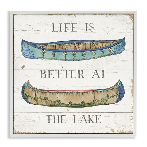 Stupell Industries Coastal Life Better at Lake Weathered Canoes White Framed Giclee Art, 12 x 12, by Daphne Brissonnet