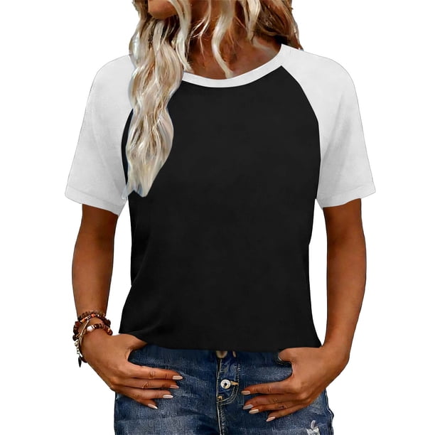 Camisetas de manga corta de verano para las mujeres Moda casual de manga de Raglan Color bloqueado Top, blusa de manga corta de las mujeres para la primavera