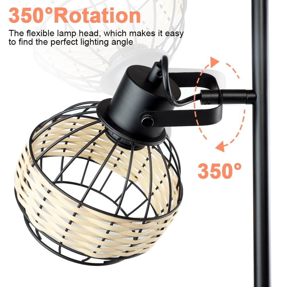 Depuley Wooden Black Table Lamp, 2 USB Ports Adjustable Head Desk Lamp with Rattan Shade, 4W E26 LED Bulb Included