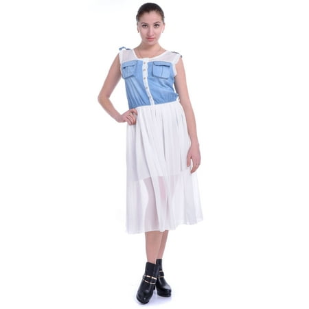 Prairie Dress - S/M Fit White Chiffon and Blue Denim Mix Fabric Prairie Style Dress