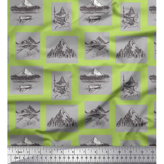 Soimoi Green Cotton Duck Fabric Boat & Mountain Nature Fabric Prints By Yard 42 Inch Wide