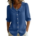 thumbnail image 3 of Womens 3/4 Length Sleeve Cotton Linen Blouses Button Down Peter Pan Collar Breathable Lightweight Tops Soft Wrinkle Resistant Summer Casual Wear , XXL, #03 Royal Blue, 3 of 7