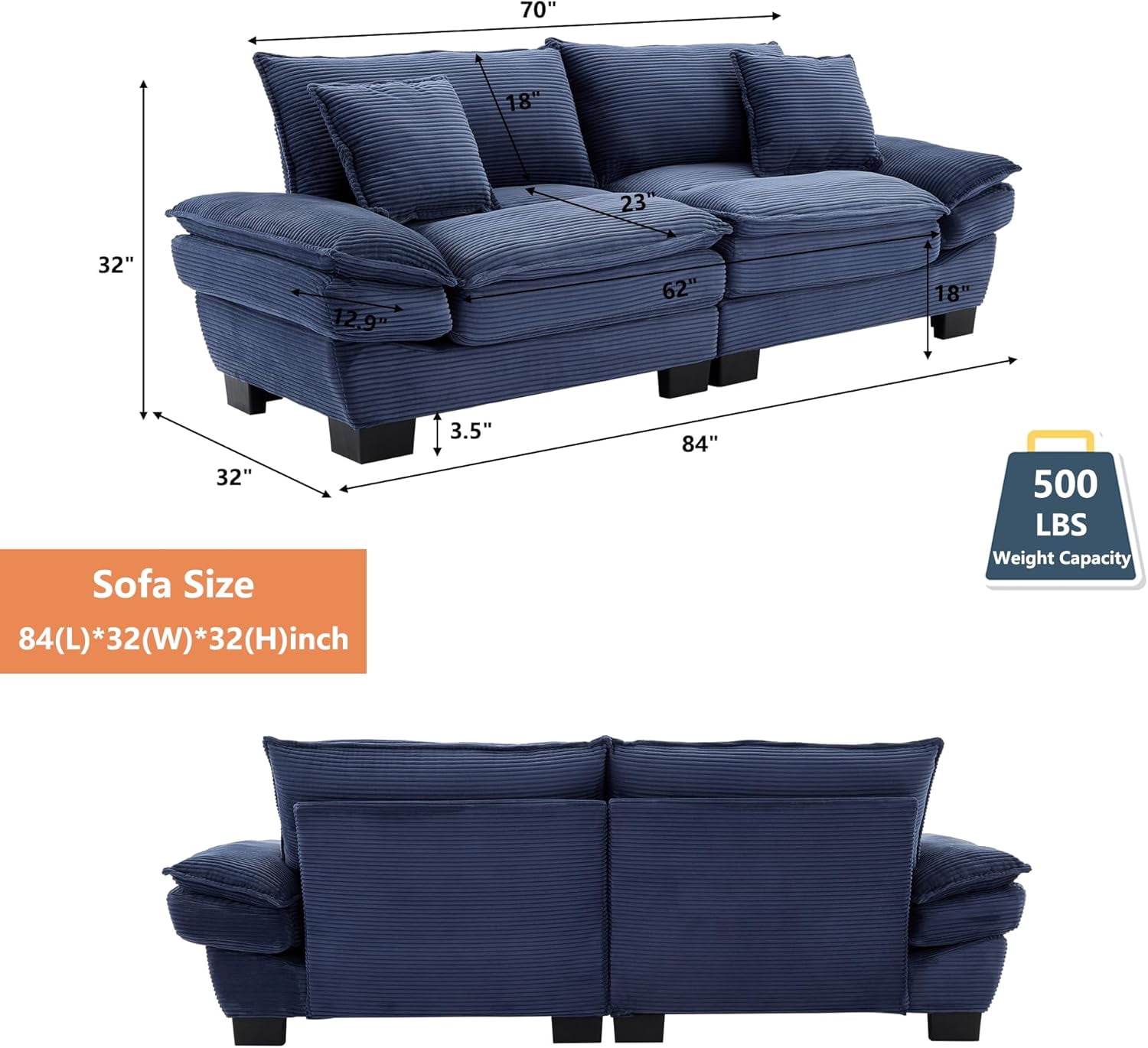 AENKYO 84" Corduroy Loveseat Sofa with Pillows, Modern 2-Seater Couch for Living Room,Blue