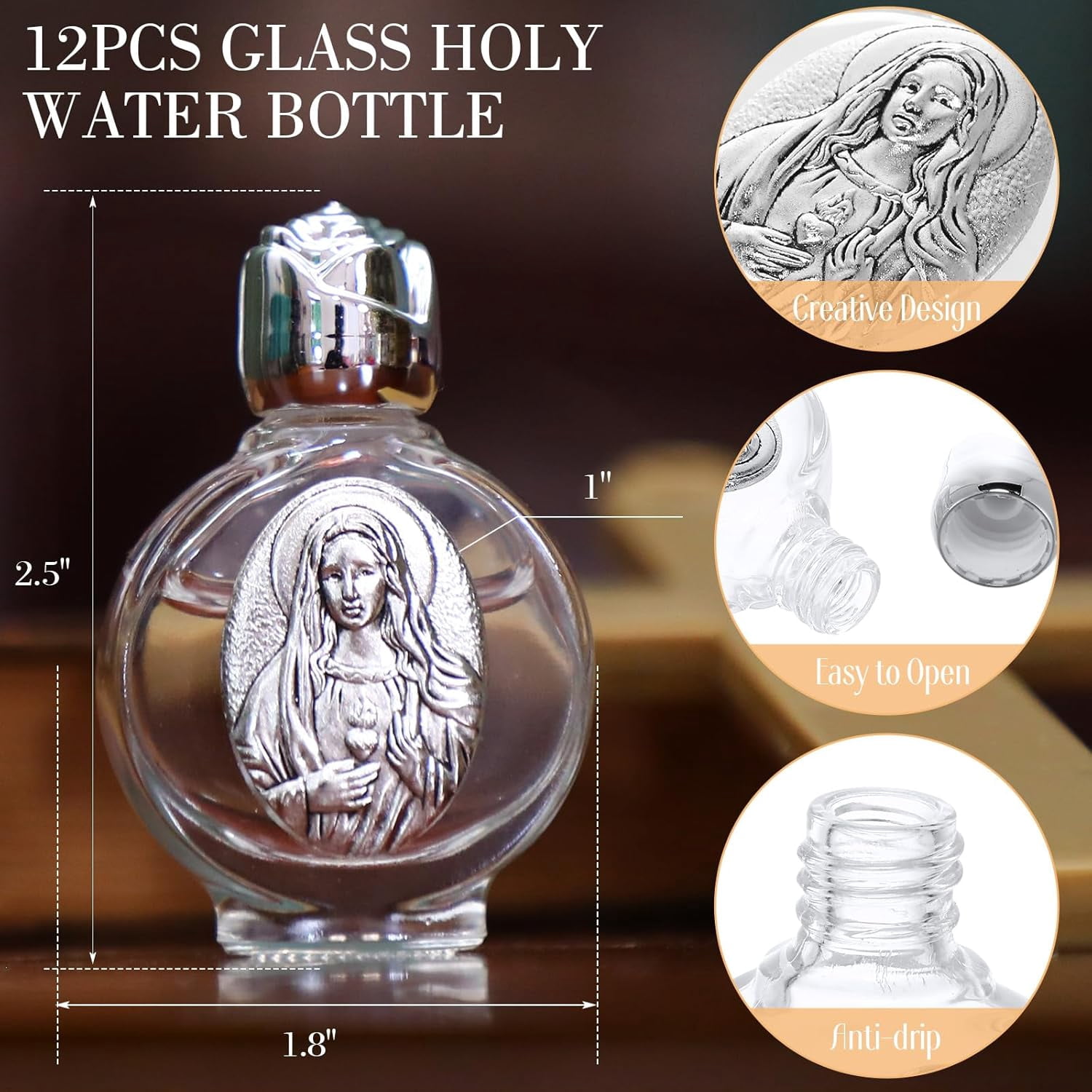 12 Pcs Wedding Glass Holy Water Bottles 0.5 oz First Communion Embossed Catholic Baptism Favor Christian Water Container Bulk Gift Church Decor(Silver,Immaculate Heart of Mary)