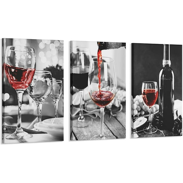 3 Pcs Red Wine Kitchen Wall Art Black and White Wine Glasses Canvas Art Paintings Pictures with Wood Inner Frame for Dining Living Aesthetic Room ...