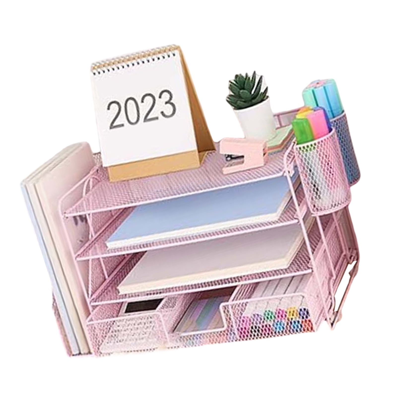RUISINERY 4-Tiered Letter Tray Metal with Magazine Stand Drawer Pen Cups Desk Organizers and Accessories Multifunction for Office