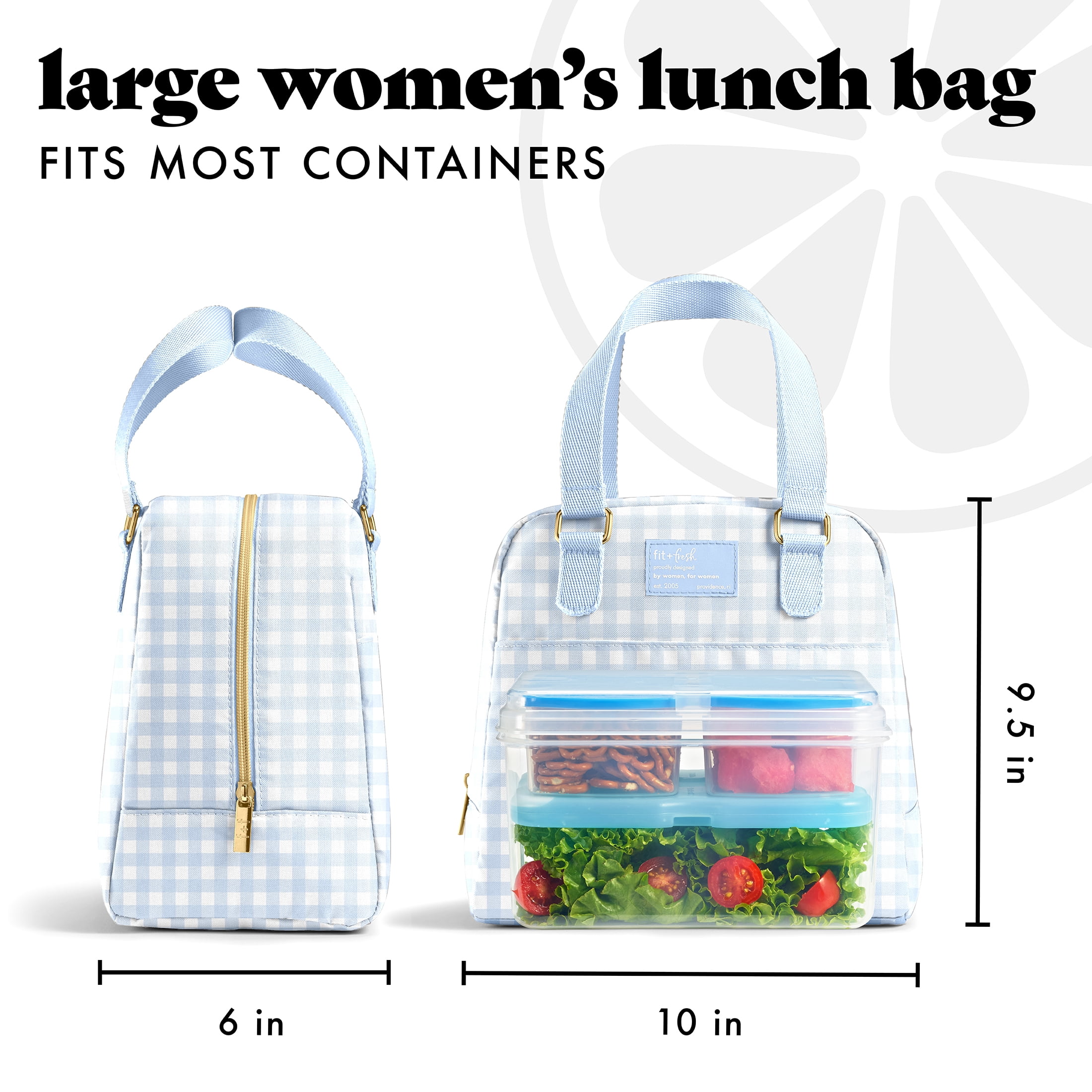 Fit & Fresh Minneola Lunch Bag for Women, Large Lunch Tote, Reusable Insulated Lunch Bag for Work, Stylish Lunch Box, Blue Gingham, Designed to Help with Packed Lunches and Daily Commutes