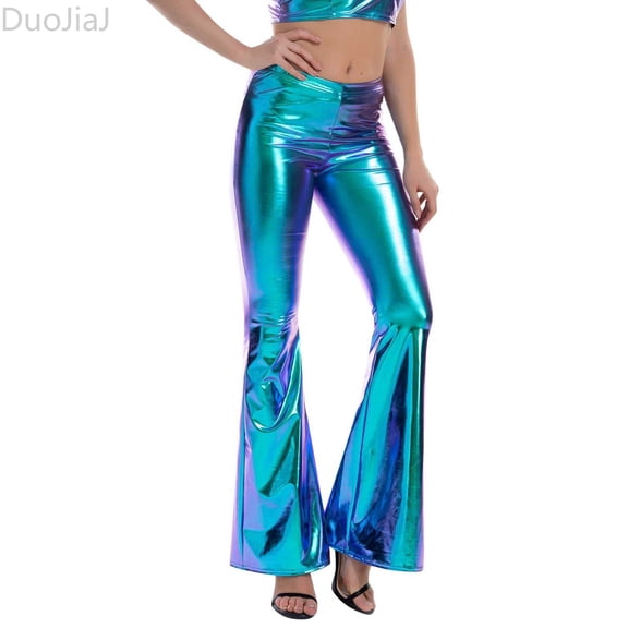 DuoJiaJ Women’s Metallic Pants Glitter Bell Bottoms Casual High Waist Wide Leg Flare Trousers Party Clubwear Blue L