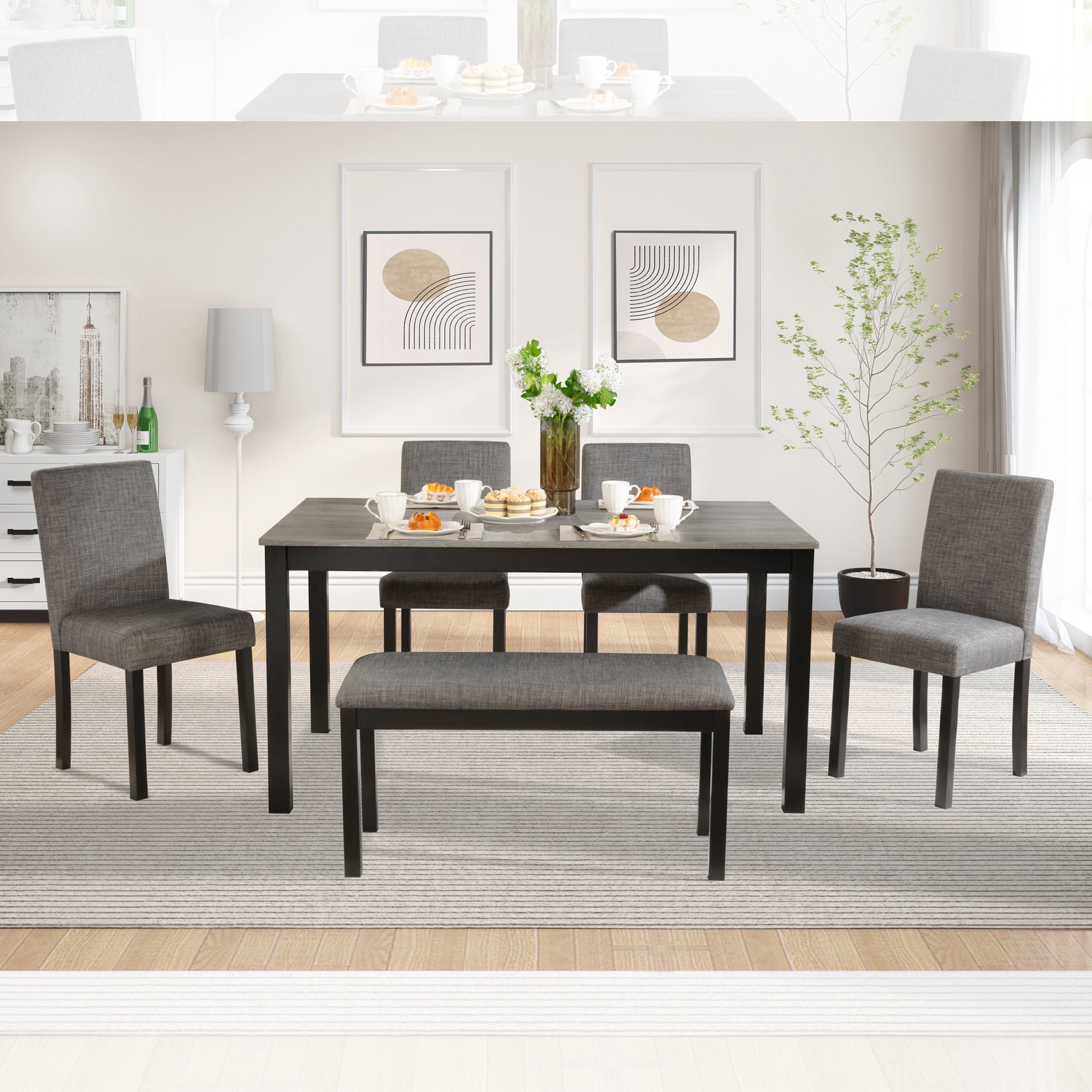 Leumius 6 Pieces Dining Table Set,Wood Dining Table Set with Wooden Dining Table,4 Upholstered Chairs and a Bench,Kitchen Dining Set for 6,Wooden Dining Furniture Sets for Kitchen, Dining Room