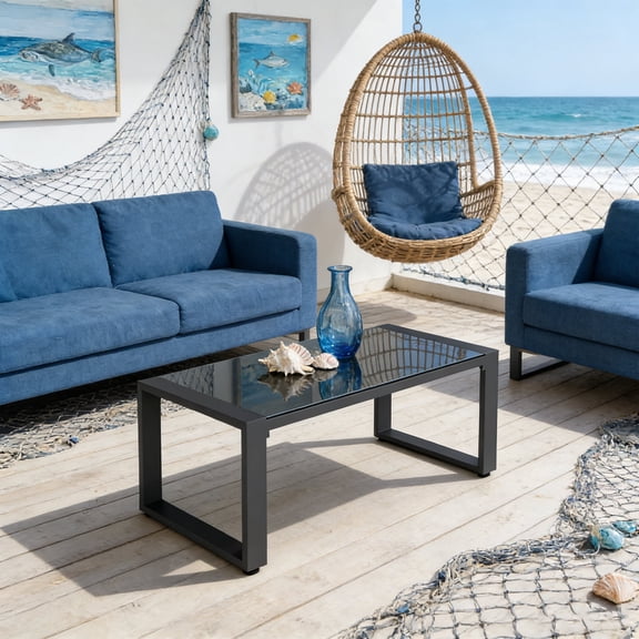 KIOOTTO 44 in Outdoor Coffee Table with Tempered Glass Top, Gray Aluminum Frame