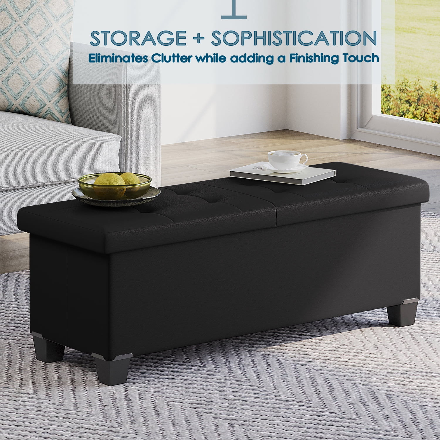 StorageBud Ottoman with Storage Bench, 43-inch Storage Ottoman, Leather, Black