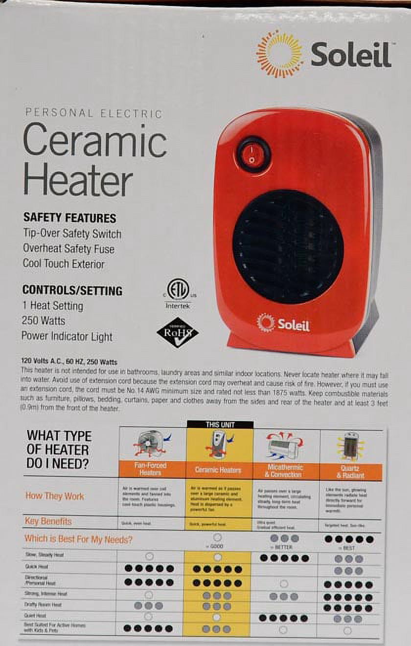 Soleil Personal Electric Ceramic Heater, 250 Watt MH-01,Red - Walmart.com