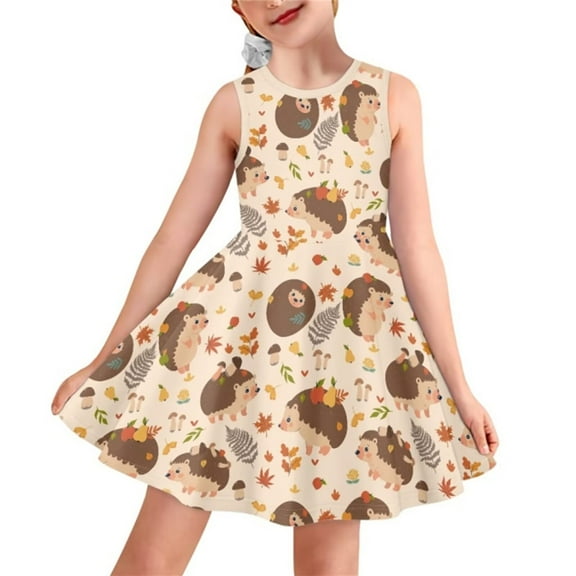 Renewold Hedgehog Girls A-Line Dresses Size 11-12 Years Fall Maple Leaves Summer Beach Dress Fashion Sleeveless Skater Dress Casual Tank Princess Dress, Thanksgiving Holiday