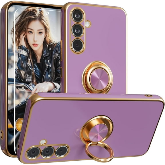 for Samsung Galaxy A54 5G Case with Magnetic Stand Kickstand, Built-in 360° Rotation Ring Holder, 6D Plating Gold Edge, Slim Shockproof Soft TPU Heavy Duty Protective case for Galaxy A54 5G, Purple