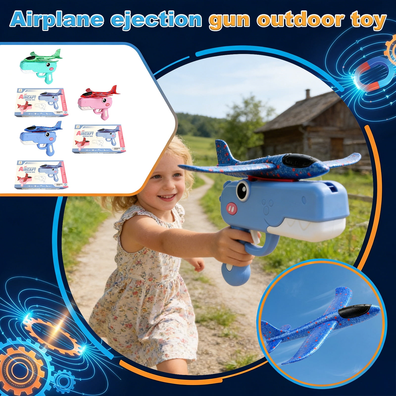 Dinosaur Airplane Launcher Toy with Box,2026 New 2 in 1 Airplane Launcher Toys, Dinosaur Air Launcher with Foam Glider,for Backyard Park Beach Play,Blue
