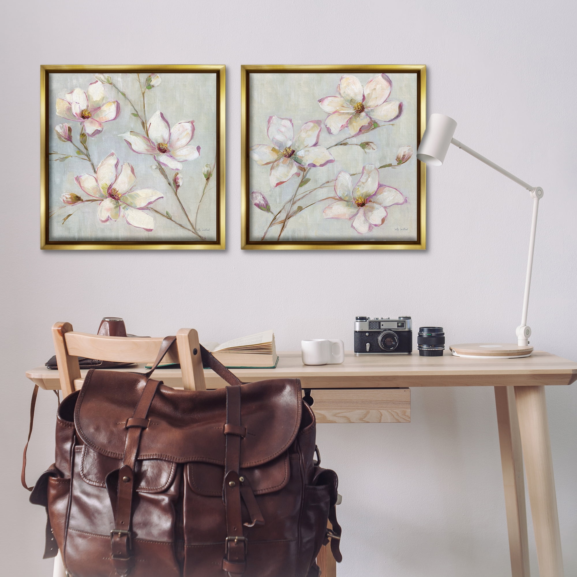 Stupell Industries Spring Tree Blooms Plants & Flowers Painting Gold Floater Framed Canvas Art Print Wall Art, 25 x 25, Set of 2