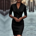 thumbnail image 2 of Women Long Sleeve Mini Dress Spring v Neck Knit Pleated Babydoll A Line Casual Short Party Dresses Black M, 2 of 6